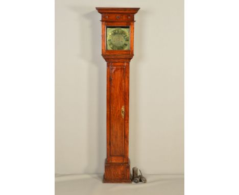 A LATE 17TH CENTURY STYLE EIGHT DAY OAK LONGCASE CLOCK, the hood with moulded pediment and blind fret, carved heart, square h