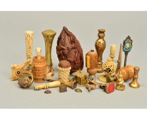 A COLLECTION OF 19TH CENTURY GILT METAL, MOTHER OF PEARL, TREEN, BONE AND IVORY SEALS, needlework requisites, Stanhopes, mini