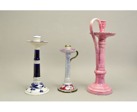 A WILEMAN &amp; CO FOLEY FAIENCE CANDLESTICK/CHAMBERSTICK, decorated in a 'Spano-Lustra' iridescent glaze, printed backstamp,