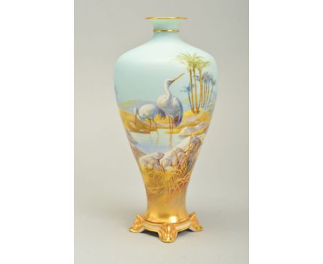 A ROYAL WORCESTER INVERTED BALUSTER VASE DECORATED WITH TWO CRANES IN A LANDSCAPE BY WILLIAM POWELL, the cranes watering in a