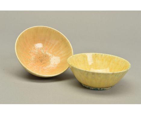 TWO RUSKIN POTTERY BOWLS, the first being a yellow and green crystalline example with impressed backstamps, height approximat