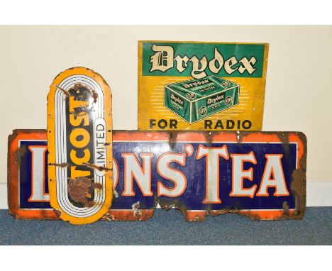 A LYONS TEA ENAMEL ADVERTISING SIGN, white lettering with orange border on blue background with white and orange border, appr