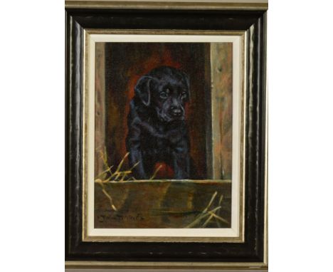 JOHN TRICKETT (BRITISH CONTEMPORARY), a portrait study of a black Labrador puppy, signed lower left, acrylic on canvas, frame