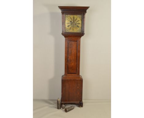 A GEORGE III OAK AND MAHOGANY BANDED LONGCASE CLOCK, cushion moulded cornice above a plain frieze supported on plain columns,