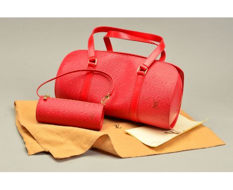 LOUIS VUITTON RED EPI SOUFFLOT HANDBAG WITH MATCHING POUCH, of cylindrical shape with small inner side pocket, gold tone main