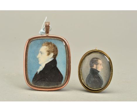 AN EARLY 19TH CENTURY ENGLISH SCHOOL PORTRAIT MINIATURE OF A GENTLEMAN, in side profile, on ivory, of rectangular form, the g