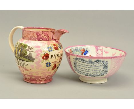 A EARLY VICTORIAN SUNDERLAND PINK LUSTRE JUG, printed and painted with a vignette and verse 'Sailors' Farewell' and a titled 