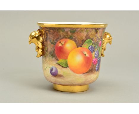A ROYAL WORCESTER FRUIT STUDY PLANTER, shape No.3782, with gilt bird head twin handles, one side with apples and blackberries