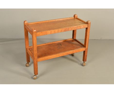 ROBERT THOMPSON OF KILBURN MOUSEMAN OAK RECTANGULAR TWO TIER TEA TROLLEY, on block legs and orbit casters, signed with mouse 