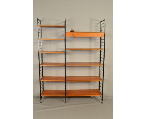 A LADDERAX TEAK MODULAR TWO SECTION WALL SHELVING SYSTEM, comprising of three metal laddered uprights, one shelf with an unde