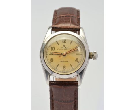 A MID 20TH CENTURY ROLEX OYSTER SPEEDKING WRISTWATCH, Arabic numeral and baton markers on a faded silver coloured dial, syrin