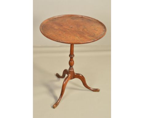 A GEORGE III MAHOGANY CIRCULAR TRAY TILT TOP TRIPOD TABLE, on a slender cylindrical and baluster pedestal to three cabriole l