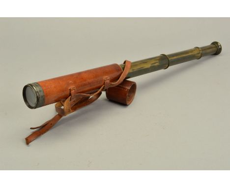 A BROADHURST CLARKSON &amp; CO OF LONDON THREE DRAWER BRASS TELESCOPE, leather cased, open length 65.5cm, closed length 27.5c