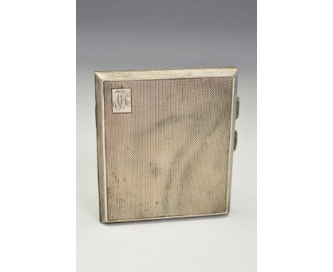 A GEORGE V SILVER CIGARETTE CASE, of rectangular form, engine turned decoration, engraved initials to cartouche in upper left