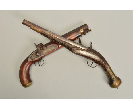 A 23 BORE TURKISH FLINTLOCK HOLSTER PISTOL FITTED WITH A 10 1/2'' BARREL, in poor condition, together with a 13 bore native c