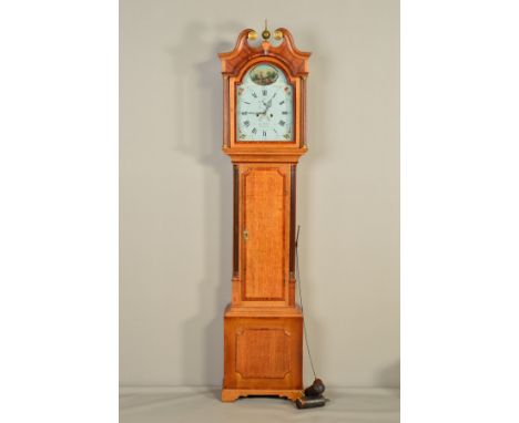 A GEORGE III PALE OAK, MAHOGANY AND SATINWOOD EIGHT DAY LONGCASE CLOCK BY JAMES OATLEY OF TAMWORTH, broken swan neck pediment