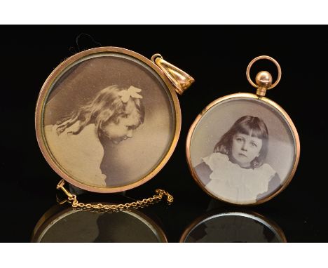 TWO PICTURE PENDANTS, measuring approximately 33mm and 42mm in diameter, the smaller hallmarked 9ct gold, Birmingham 1961, th