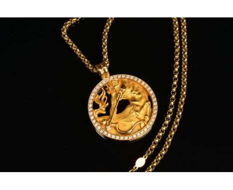 A MAGERIT DIAMOND SET SAGITTARIUS PENDANT AND CHAIN, the circular pendant depicting a centaur with diamond set arrow tip and 