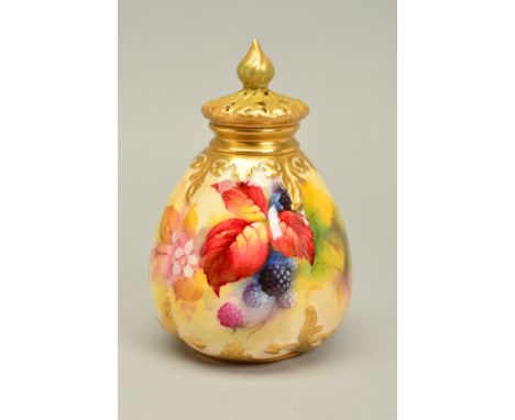 A ROYAL WORCESTER POT POURRI AND COVER, painted with autumnal fruit by Kitty Blake, signed, shape No.G1054, puce marks, date 
