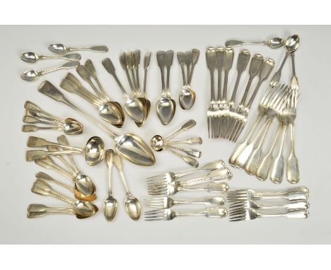 A MATCHED SET OF GEORGE III TO VICTORIAN SILVER FIDDLE AND THREAD PATTERN FLATWARE, most pieces engraved with a crest or init