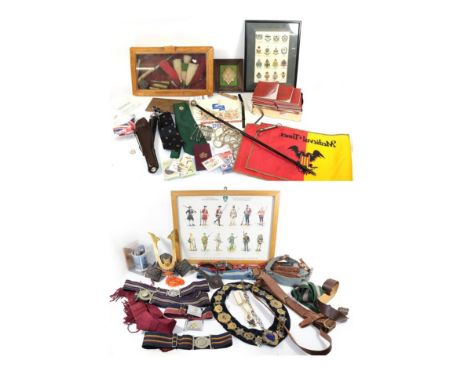 Militaria, including a Sam Browne, stable belts, six various horsehair hackles, trench art cigarette lighter, small shell cas