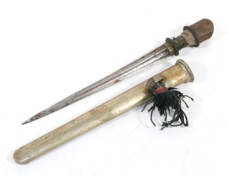 A 19th Century Bhutanese Dagger, with an unusual 25cm fullered triangular section steel blade, the short waisted grip with tr