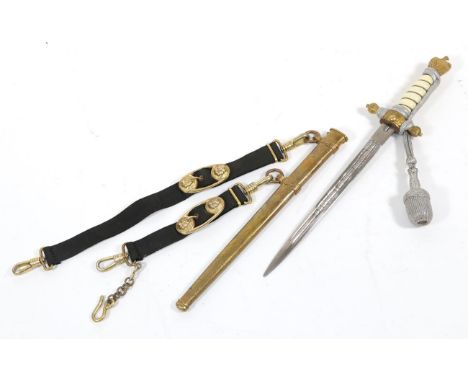 A German Third Reich Kriegsmarine Dirk, each side of the 24.5cm double edge double fullered steel blade etched with fouled an