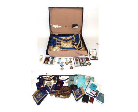 A Quantity of Masonic Regalia, including a Knights Templar enamelled star, five silver gilt and enamel jewels, nine base meta