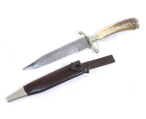 A Victorian Bowie Knife, with 16cm single edge clip point steel blade, German silver recurving crossguard with ball quillons,