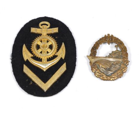 Two German Third Reich Kriegsmarine Badges.A Destroyer Badge, maker - Schwerin Berlin 68., and a Trade patch for the rank of 