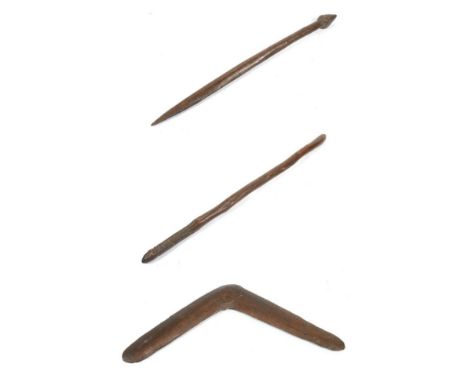 Two Early 19th Century Australian Aboriginal Waddies, one following the natural curves of a branch, with dot punched decorati