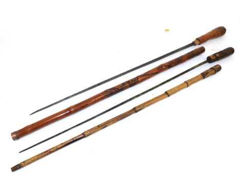 A Chinese Bamboo Swordstick, the 66.5cm European steel blade with a narrow fuller to the back edge, the grip and scabbard car