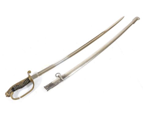 A Japanese Army Parade Sword, with plated 75cm machine forged single edge fullered steel blade, the gilt brass hilt with pier