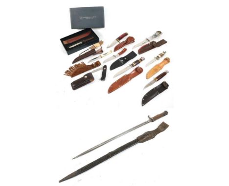 A German Model 1898 Bayonet, first pattern with one piece wood grip and steel mounted leather scabbard; also, ten various mod