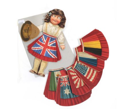 A First World War Coloured Lithographic Cardboard Cut-out Doll, as a girl with hinged arms and recessed eyes, wearing a white