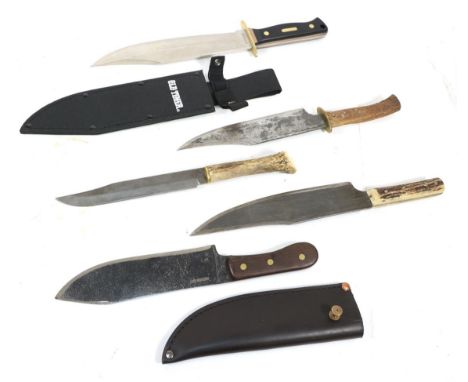 Five Various Modern Bowie Knives:- "Old Timer" by Schrade, with ribbed black plastic grip scales and black nylon scabbard; Co