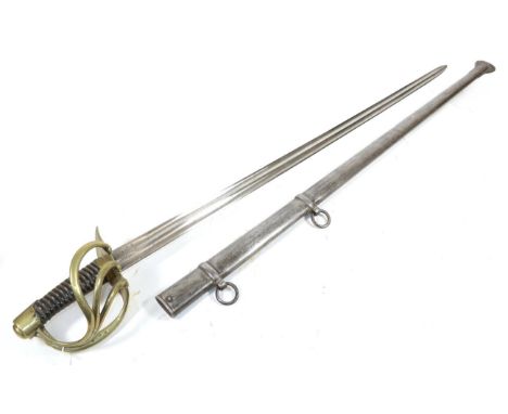 A French AN XIII Cuirassier Heavy Cavalry Sword, 95cm single edge double fullered spear point steel blade with inspector's ma