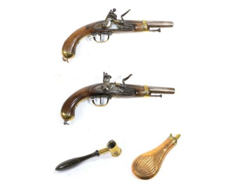 A Brace of Early 19th Century Belgian Flintlock Cavalry Pistols, each with Liege proof mark to the 20.5cm round steel barrel,