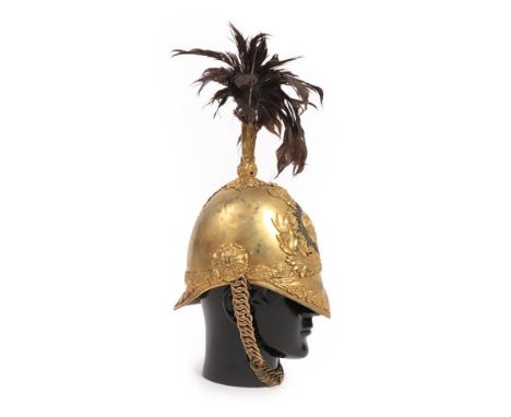 A Victorian 1847 "Albert" Pattern Officer's Gilt Brass Helmet to The Carabiniers, with tall foliate sheathed plume holder, la