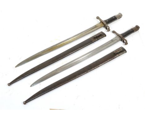 Two Portuguese M1886 Kropatschek Sword Bayonets, one engraved Steyr 1886 to the back edge of the blade, the steel crossguard 
