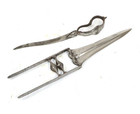 A 19th Century Indian Katar, the 21.5cm double edge tapered blade with raised medial ridge and slightly reinforced tip, the p