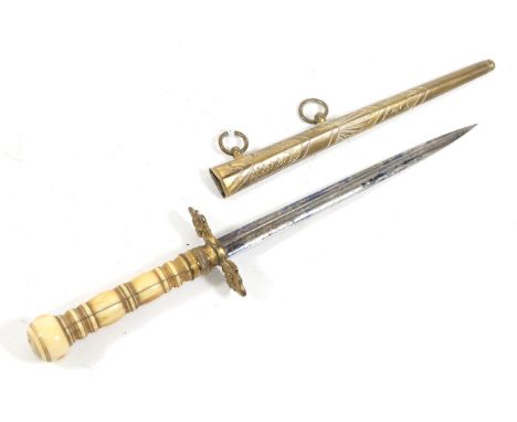 A George III Naval Dirk, the 15.5cm triangular section blued fullered steel blade engraved and gilt with scrolling tendrils, 
