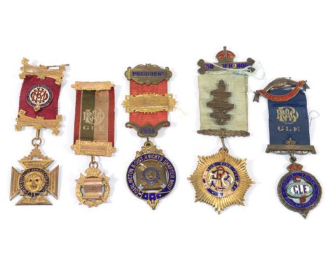 A Set of Five of Royal Antediluvian Order of Buffaloes Breast Jewels, awarded to Brother Robert Jackson, Grey Friars Lodge No