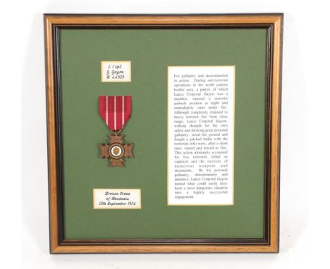 A Bronze Cross of Rhodesia, to R44525 L/Cpl G Gayon Selous Scouts, officially impressed. B.C.R., 13 September 1974, L. Cpl. G