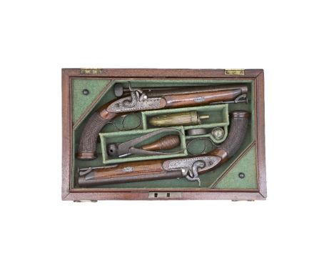 A Cased Pair Of 14-Bore Percussion Officer's Pistols By H. James, London, Mid-19th Century With browned twist sighted barrels