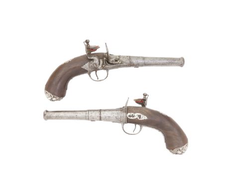 A Pair Of 25-Bore Silver-Mounted Flintlock Turn-Off Pistols By John 1 Smart Of London, Circa 1715 With two-stage cannon barre
