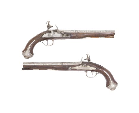 A Pair Of Dutch 22-Bore Flintlock Silver-Mounted Pistols   By Deleaux A Utrecht, Mid-18th Century With two-stage twist barrel