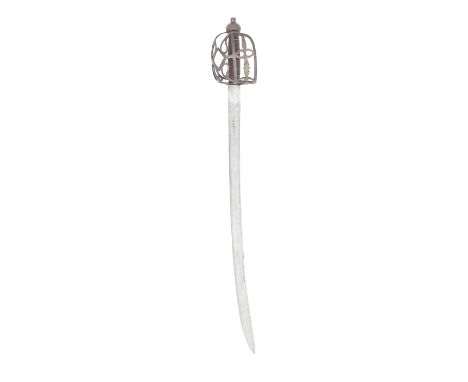 A Rare Basket-Hilted Regimental Infantry Sword Circa 1750 With bright curved single-edged blade with a narrow fuller along th