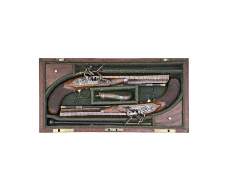 A Cased Pair Of 20-Bore Flintlock Duelling Or Officer's Pistols By Wilbraham, Probably George, London, Circa 1820 With browne