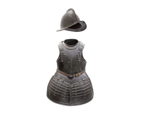 A Composite English Pikeman's Armour  Circa 1640 Of blackened iron, comprising a pot helmet with two-piece rounded skull with